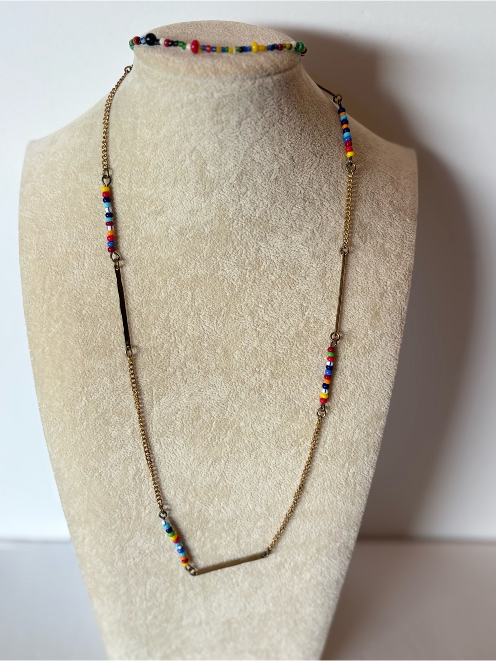 Rainbow Seed Bead Necklace & Bracelet Set Gold Chain Layered Jewelry